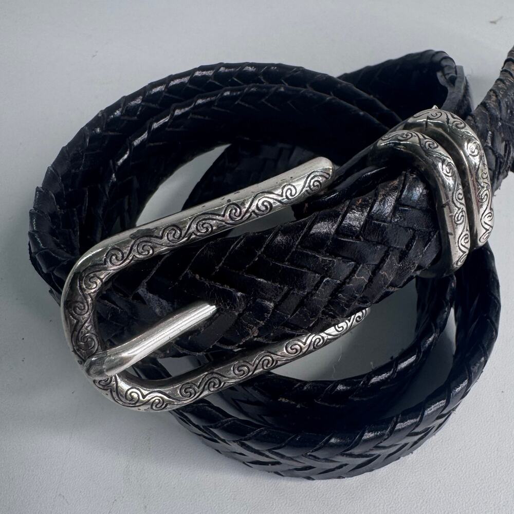 Vintage 1995 Silver Buckle Boho Black Leather Braided Belt 36 M/L